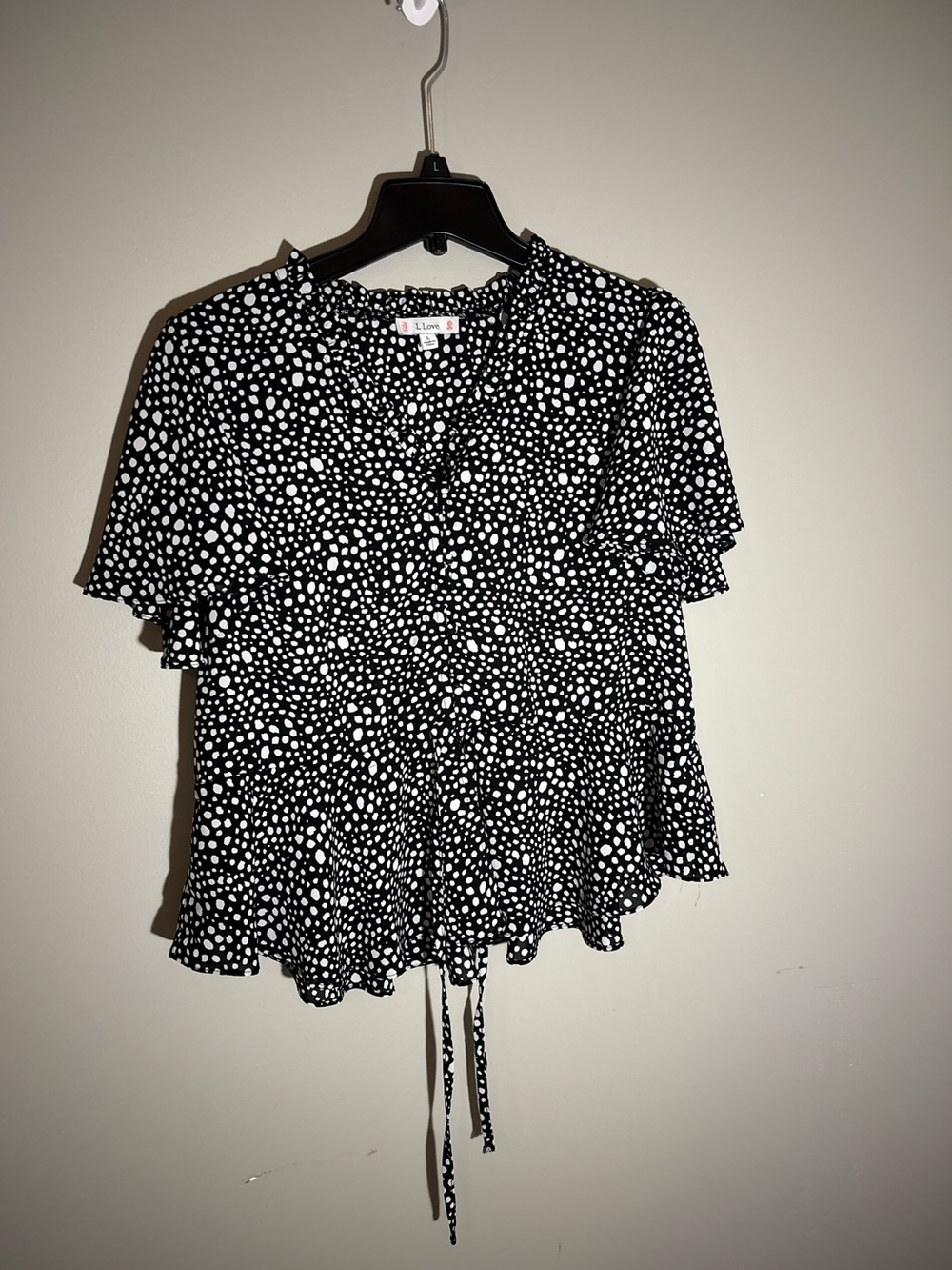 L Love Black White Spotted Peplum Tie Waist Blouse Large